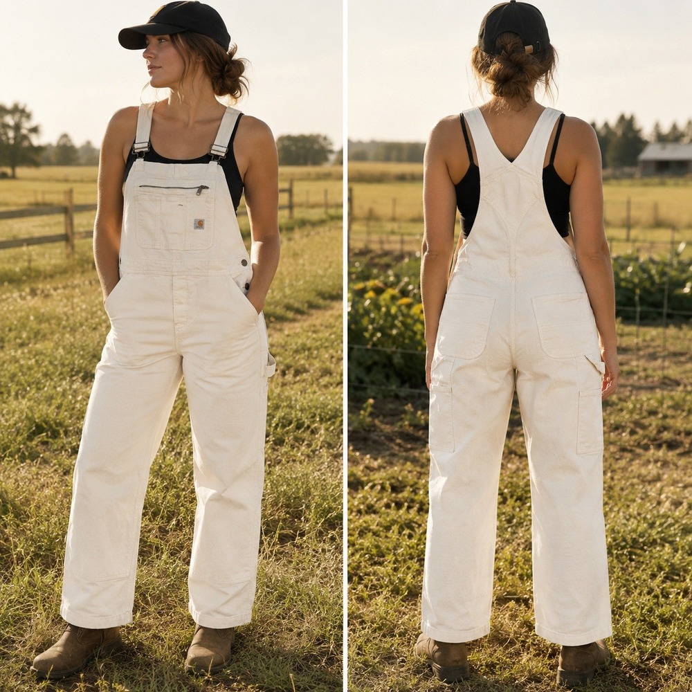 Carhartt Rugged Flex Bib Overalls Womens L Short White Loose Fit Double Knee